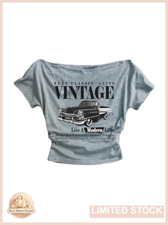 Tops - Off Shoulder Y2K Graphic Tee Car Print Short Sleeve Vintage T Shirt